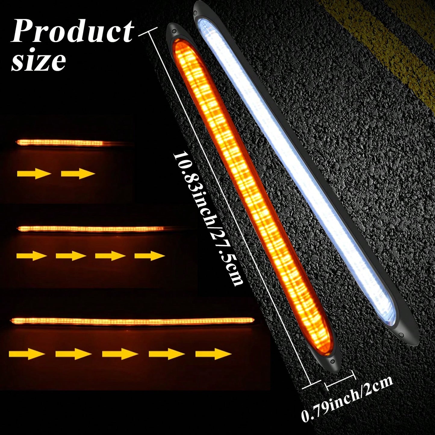 10.83 Inch/27.5cm Daytime Running Car Turn Signal Light Bar, 12V Daytime Running White Light Turn Yellow Light Sequential Mode, Flexible, LED Strip Flashing Signal Light DRL Daytime Running Light, Uni