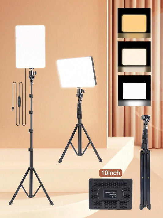 10 Inch LED Square Light, 130cm Adjustable Tripod, Anti Slip Rubber Feet, Stable Tripod, USB Power Supply, 3 Adjustable Colors, Adjustable Brightness, Full Coverage Compatible With Multiple Models Of