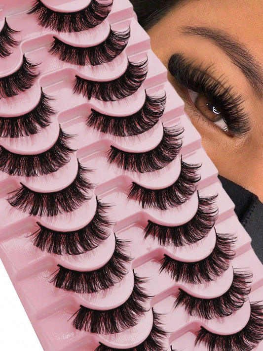 10 Pairs Russian Strip Lashes Fluffy Mink Lashes 3D False Eyelashes Russian Volume Eyelashes Fake Eyelashes Dramatic Messy Mink Lashes Wispy Long Foxy Eye Lifting Look Eyelash Extension Kit Full Eyela