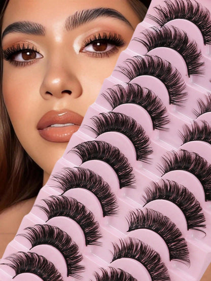 10 Pairs Russian Strip Lashes Fluffy Mink Lashes 3D False Eyelashes Russian Volume Eyelashes Fake Eyelashes Dramatic Messy Mink Lashes Wispy Long Foxy Eye Lifting Look Eyelash Extension Kit Full Eyela