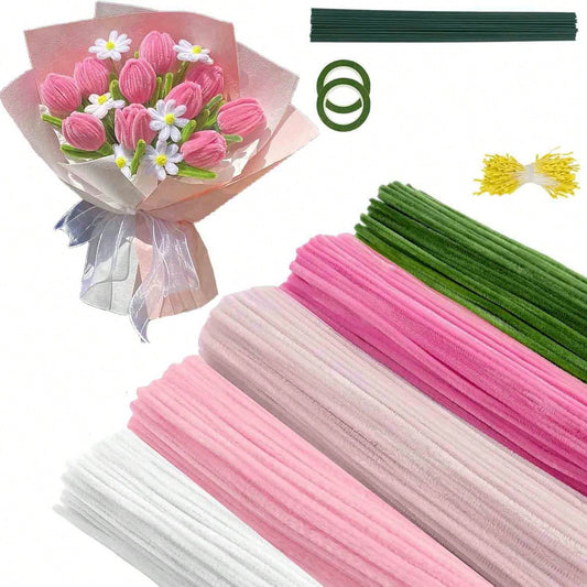 100/400/525/700/800pcs Pipe Brush Cleaning Tools Handmade, DIY Handmade Bouquet Packaging Decoration Set (Pink), Soft And Fluffy Material, Can Make Roses, Tulips, Sunflowers And Other Flowers, Graduat