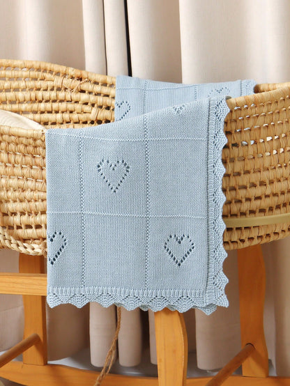 100% Cotton Baby Blanket, All Season Knitted Infant Stroller Blanket, Heart Hollow-Out Children Throw Blanket, Newborn Gift