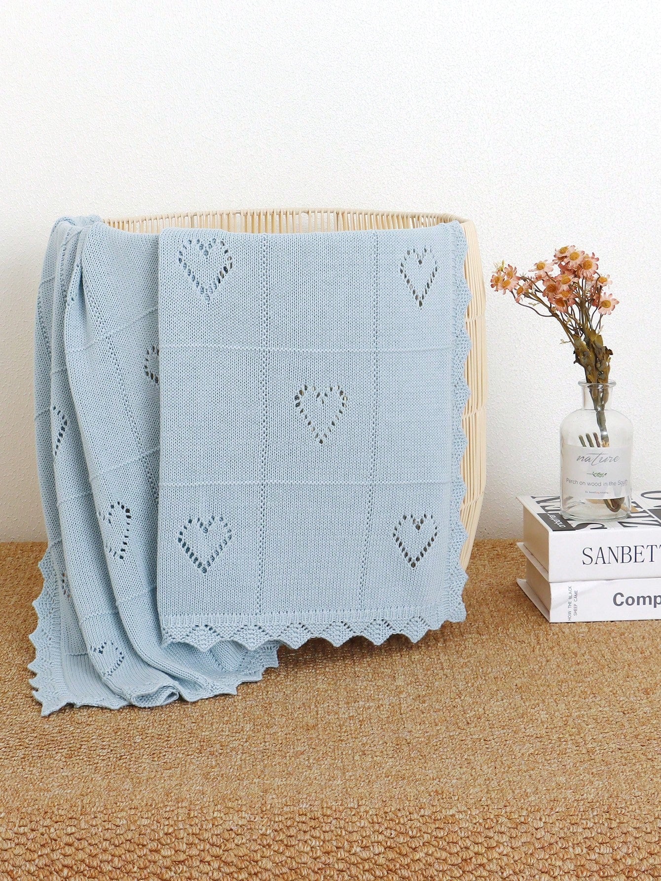 100% Cotton Baby Blanket, All Season Knitted Infant Stroller Blanket, Heart Hollow-Out Children Throw Blanket, Newborn Gift