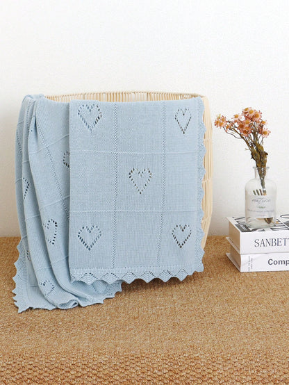 100% Cotton Baby Blanket, All Season Knitted Infant Stroller Blanket, Heart Hollow-Out Children Throw Blanket, Newborn Gift