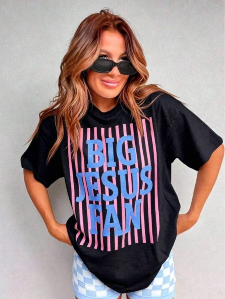 100 Percent Cotton Big Jesus Fan Graphic Top-Loose-Fit Easy Relaxed Style,Summer Outfits For Women,Vacation Outfits Women,Oversized Campus Shirt