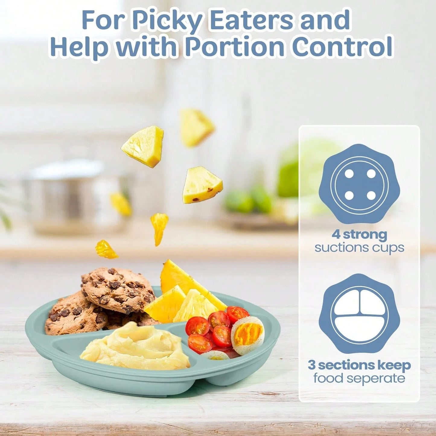 100% Silicone Baby Plate, Anti-Slip Divided Suction Plate, Microwave & Dishwasher, Weaning Supplies