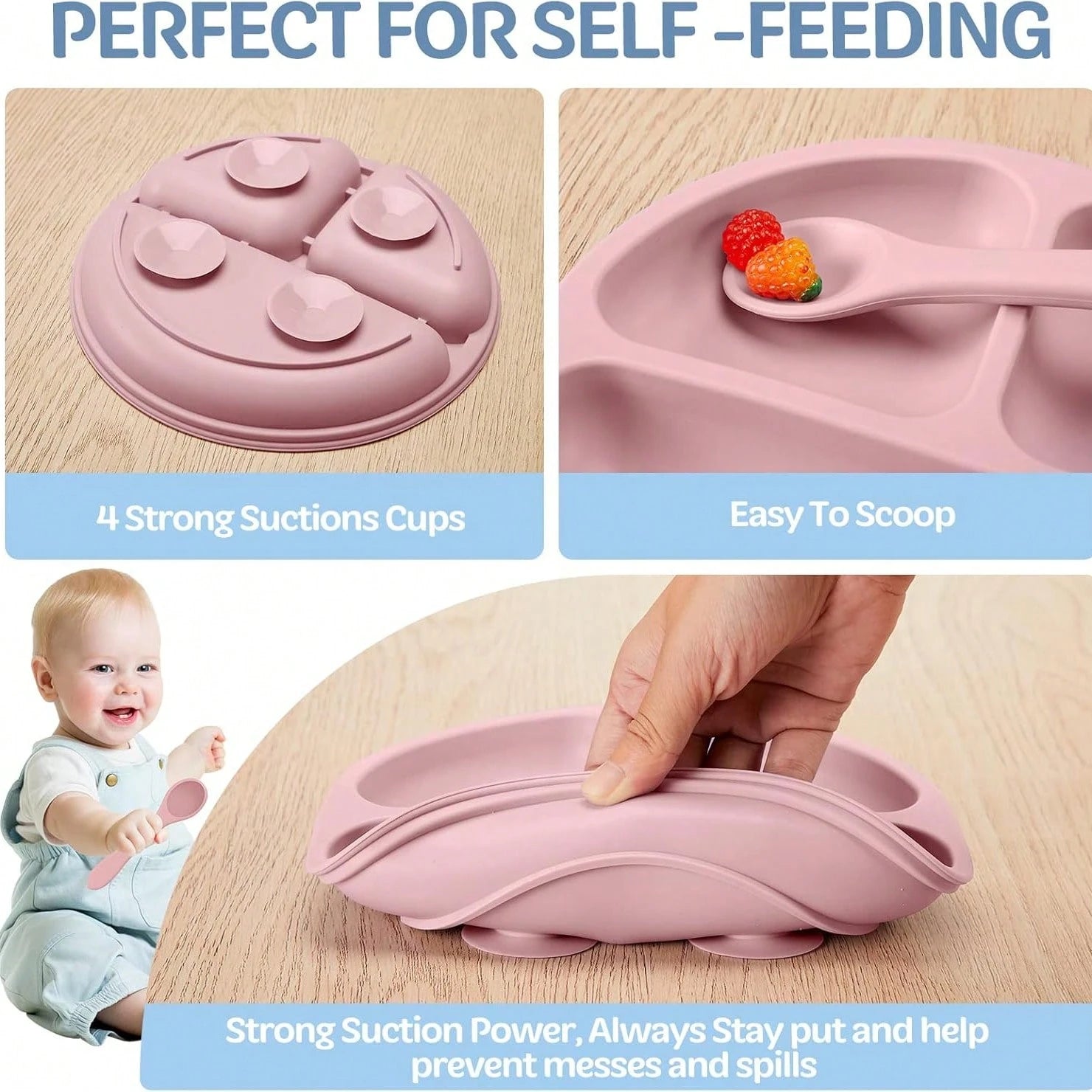 100% Silicone Baby Plate, Anti-Slip Divided Suction Plate, Microwave & Dishwasher, Weaning Supplies