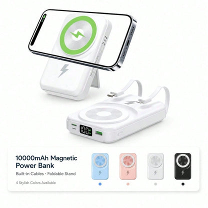 10000mAh Magnetic Power Bank With Built-In Dual Charging Cables, Foldable Kickstand 15W Wireless Charging 22.5W Fast Charging, Travel Essentials Camping Gear Back To School College Essentials Supplies