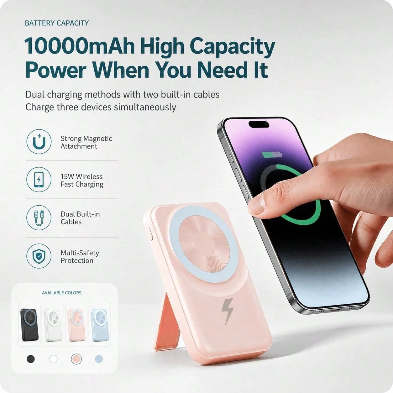 10000mAh Magnetic Power Bank With Built-In Dual Charging Cables, Foldable Kickstand 15W Wireless Charging 22.5W Fast Charging, Travel Essentials Camping Gear Back To School College Essentials Supplies