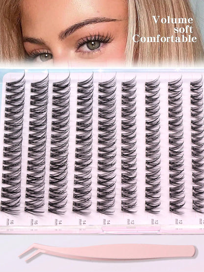 100pcs Pre-Glued Natural False Eyelashes, 10-16mm Mixed, DIY Eyelash Extension Kit With Tweezers, Self-Adhesive, Delicate & Fluffy, Create Natural Makeup Look, Criss-Cross Lashes, Transparent Thin Las