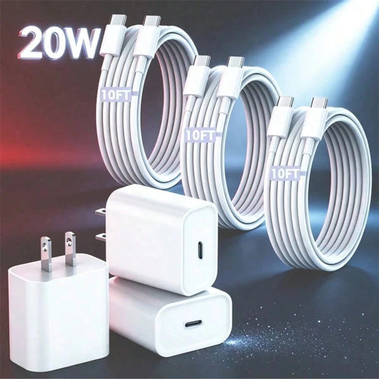 10ft Fast Charging Cable Compatible With IPhone 17 16 15, 1-4pcs Ultra Long 10ft USB C To Type C Charging Cable 20W USB C Charging Head Cube Super Fast Charging Compatible With IPhone 17 16 15 Pro/Plu