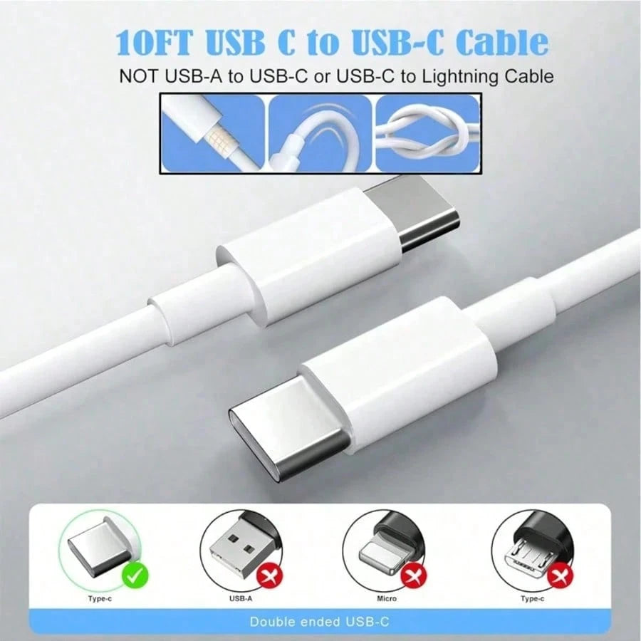 10ft Fast Charging Cable Compatible With IPhone 17 16 15, 1-4pcs Ultra Long 10ft USB C To Type C Charging Cable 20W USB C Charging Head Cube Super Fast Charging Compatible With IPhone 17 16 15 Pro/Plu