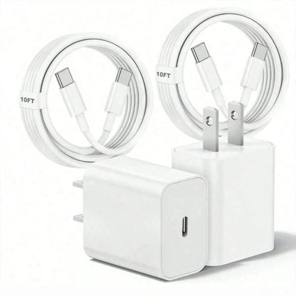 10ft Fast Charging Cable Compatible With IPhone 17 16 15, 1-4pcs Ultra Long 10ft USB C To Type C Charging Cable 20W USB C Charging Head Cube Super Fast Charging Compatible With IPhone 17 16 15 Pro/Plu