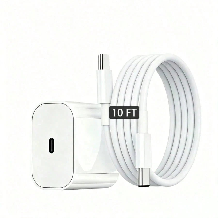 10ft Fast Charging Cable Compatible With IPhone 17 16 15, 1-4pcs Ultra Long 10ft USB C To Type C Charging Cable 20W USB C Charging Head Cube Super Fast Charging Compatible With IPhone 17 16 15 Pro/Plu