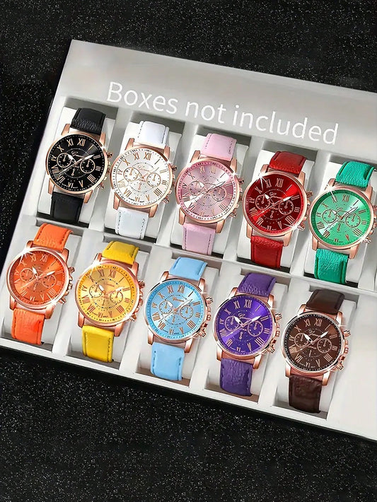10pcs/3pcs Set Fashion Quartz Watch For Men & Women- Round Dial, Faux Leather Strap, Multiple Colors Available- Great Gift Choice! Suitable For Everyday Wear