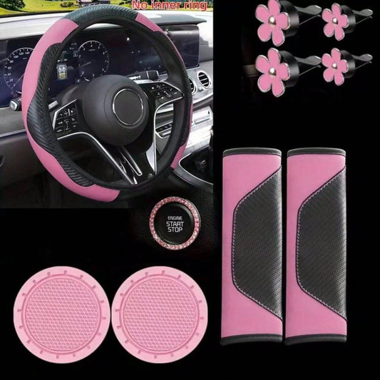 10PCS Car Interior Accessories Set- Car Steering Wheel Cover- Seat Belt Shoulder Pad- Daisy Air Vent Holder- Cup Holder Mat- Start Button Decorative Ring- New Fashion Style- Suitable For Any Ca
