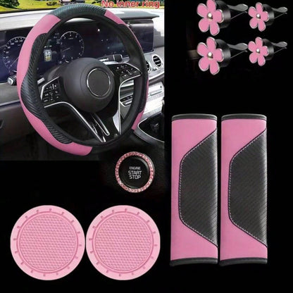 10PCS Car Interior Accessories Set- Car Steering Wheel Cover- Seat Belt Shoulder Pad- Daisy Air Vent Holder- Cup Holder Mat- Start Button Decorative Ring- New Fashion Style- Suitable For Any Ca