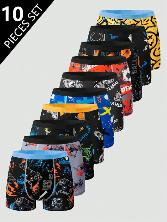 10pcs Teenage Boys' Boxer Briefs, Retro Street Black Summer Essentials, Football Game Console Space Graphic Soft Comfortable Lingerie Sets Gift For Teen Boy