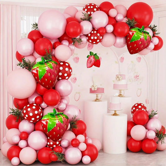 111pcs/Set Strawberry Shape Balloons- Red & Pink Latex Balloons And Strawberry Foil Balloons, For Boys Girls Kids Birthday, Baby Shower, Baby Shower, Wedding, Engagement, Anniversary, Graduation, Swe