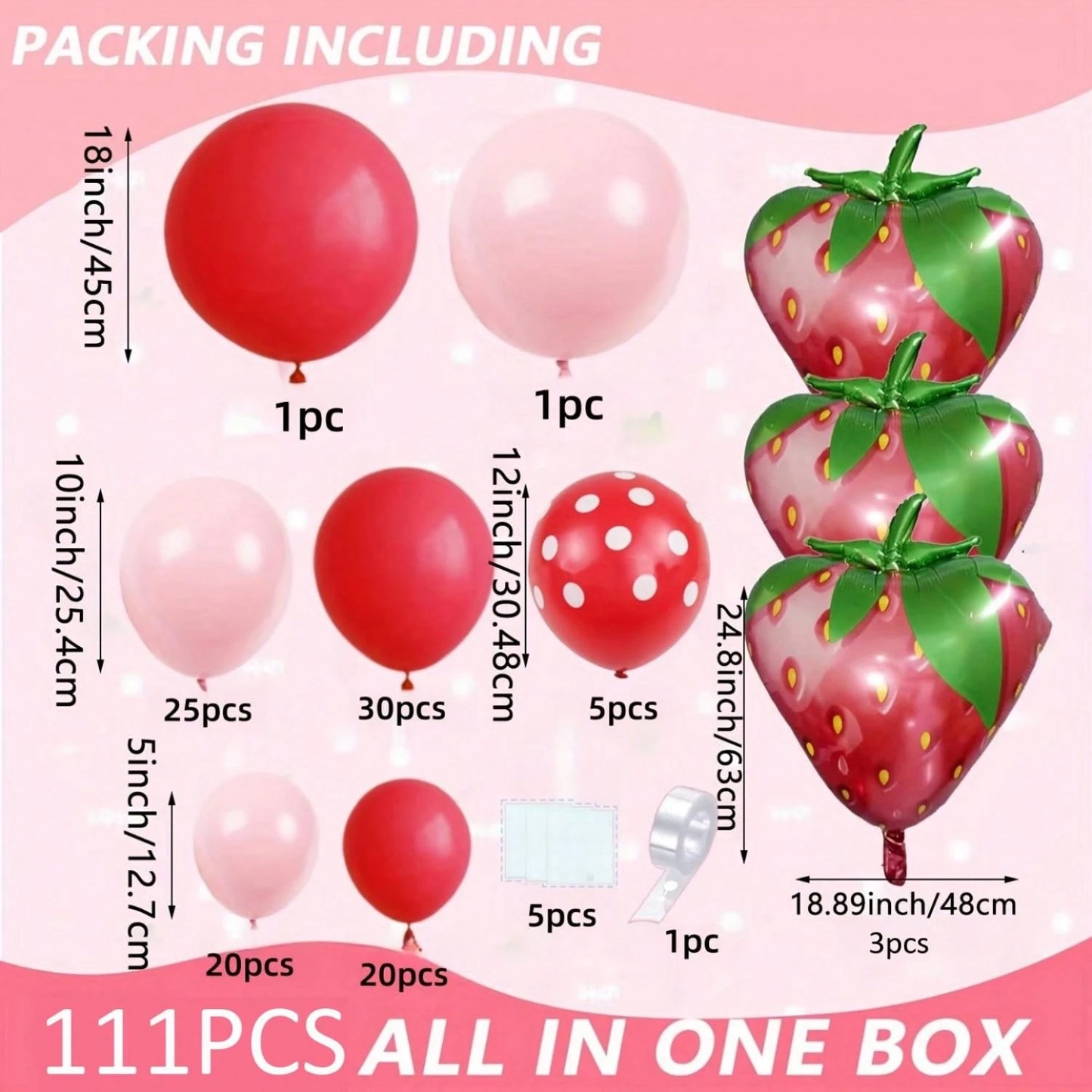 111pcs/Set Strawberry Shape Balloons- Red & Pink Latex Balloons And Strawberry Foil Balloons, For Boys Girls Kids Birthday, Baby Shower, Baby Shower, Wedding, Engagement, Anniversary, Graduation, Swe