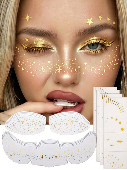 12 Sheets Gold Glitter Eyeshadow Glitter Freckles Face Tattoo Cute Glittery Eyeshadow Stickers Waterproof Face Sparkle Tattoos For Halloween Travel Holiday Festival Concert Essentials