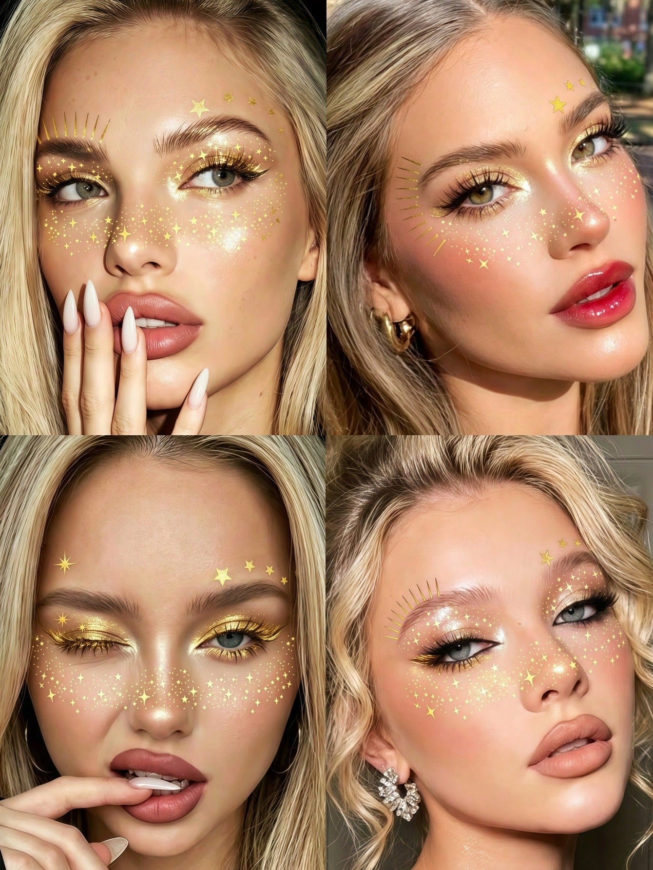 12 Sheets Gold Glitter Eyeshadow Glitter Freckles Face Tattoo Cute Glittery Eyeshadow Stickers Waterproof Face Sparkle Tattoos For Halloween Travel Holiday Festival Concert Essentials