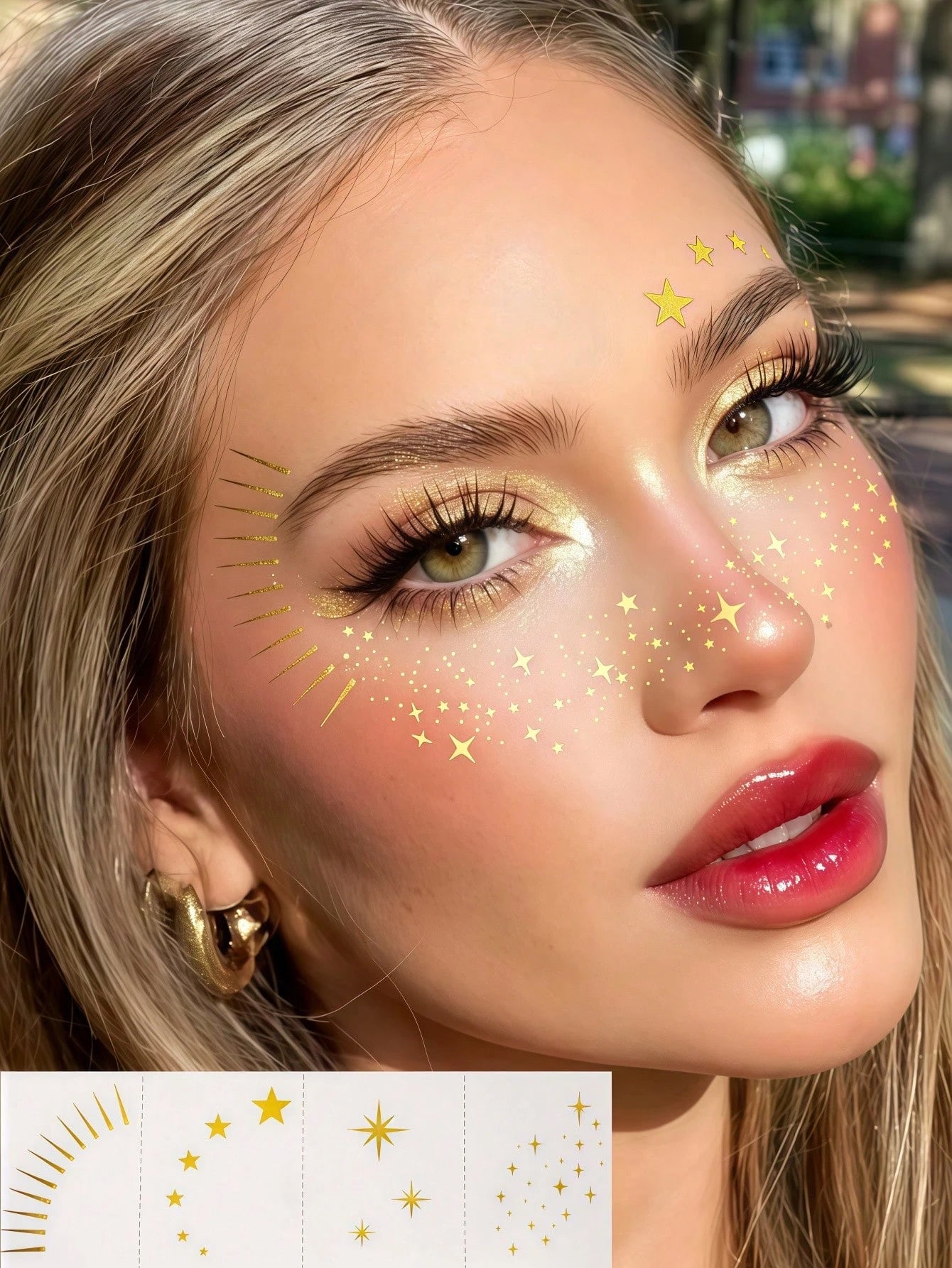 12 Sheets Gold Glitter Eyeshadow Glitter Freckles Face Tattoo Cute Glittery Eyeshadow Stickers Waterproof Face Sparkle Tattoos For Halloween Travel Holiday Festival Concert Essentials