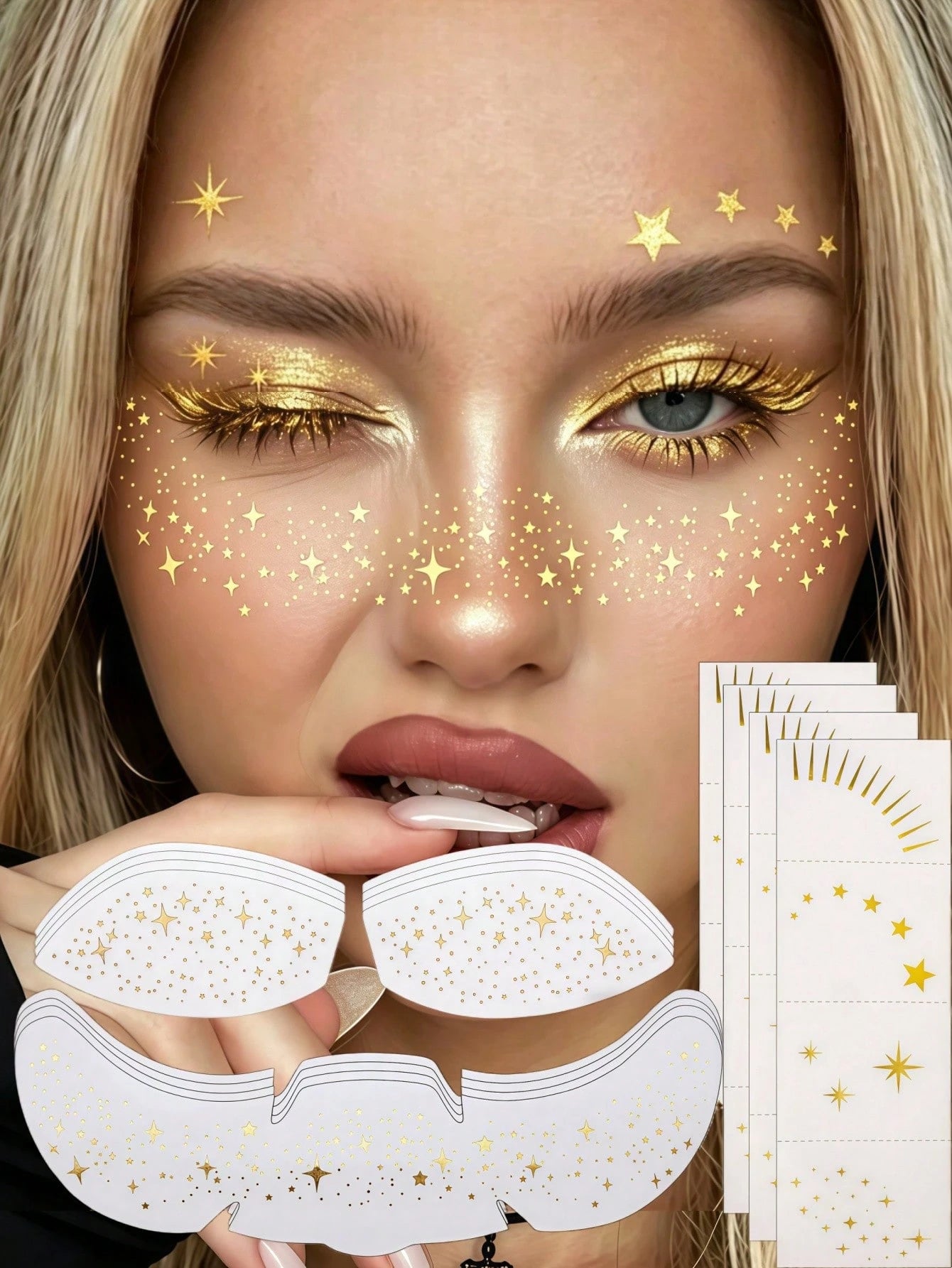 12 Sheets Gold Glitter Eyeshadow Glitter Freckles Face Tattoo Cute Glittery Eyeshadow Stickers Waterproof Face Sparkle Tattoos For Halloween Travel Holiday Festival Concert Essentials