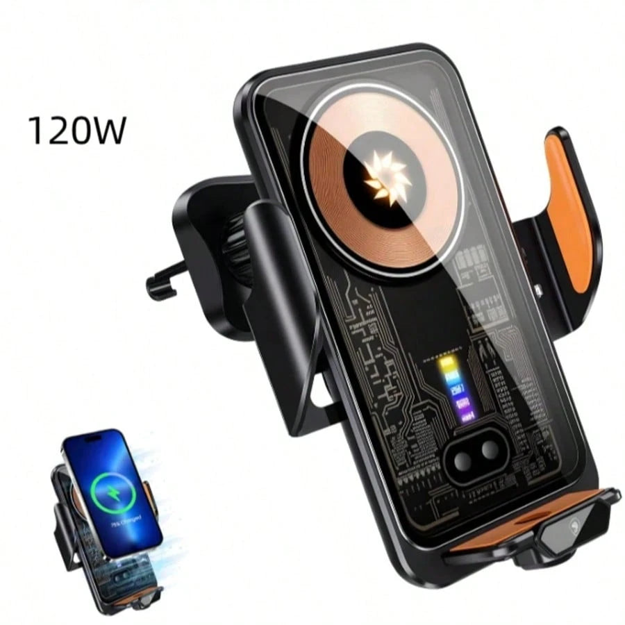 120W Fast Wireless Car Charger, Magnetic Phone Mount, Auto Sensor Clamping, 360° Rotatable Navigation Holder, Smart Car Charging Station (Black)