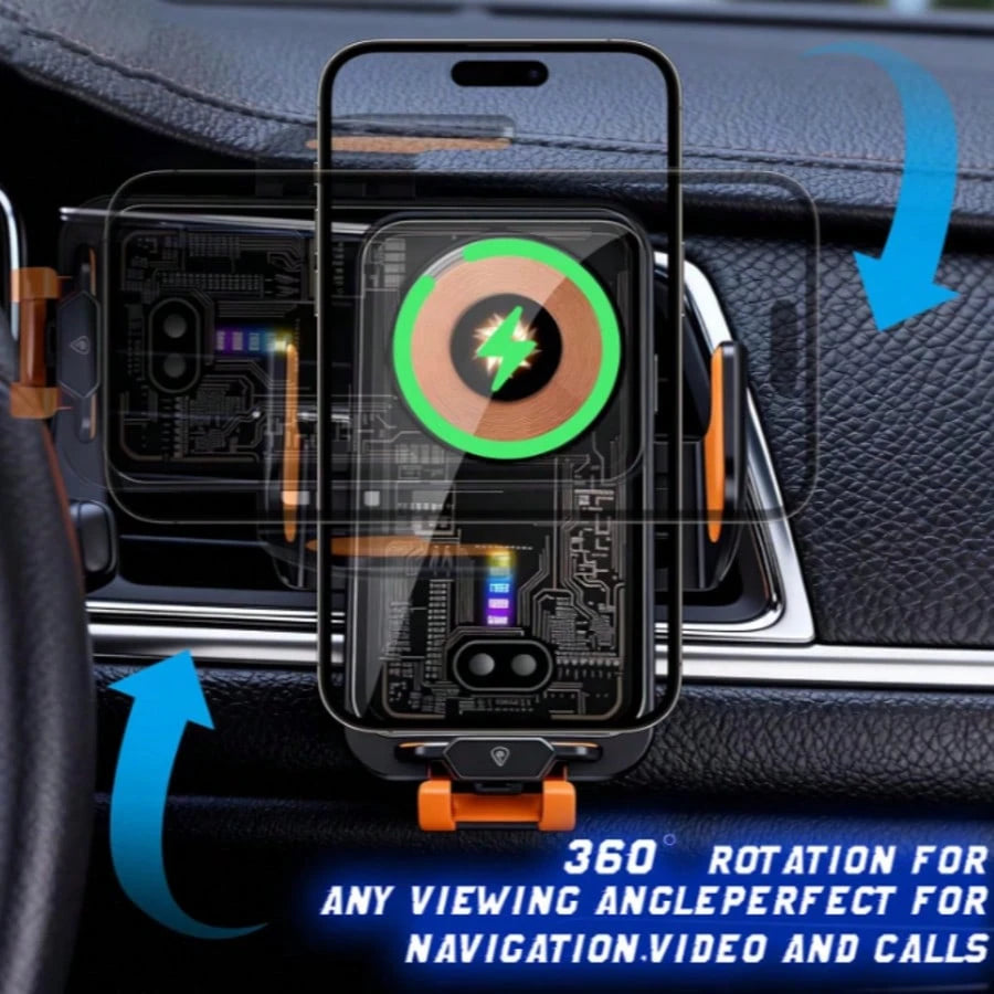 120W Fast Wireless Car Charger, Magnetic Phone Mount, Auto Sensor Clamping, 360° Rotatable Navigation Holder, Smart Car Charging Station (Black)