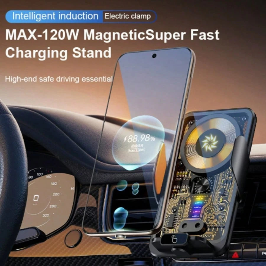 120W Fast Wireless Car Charger, Magnetic Phone Mount, Auto Sensor Clamping, 360° Rotatable Navigation Holder, Smart Car Charging Station (Black)