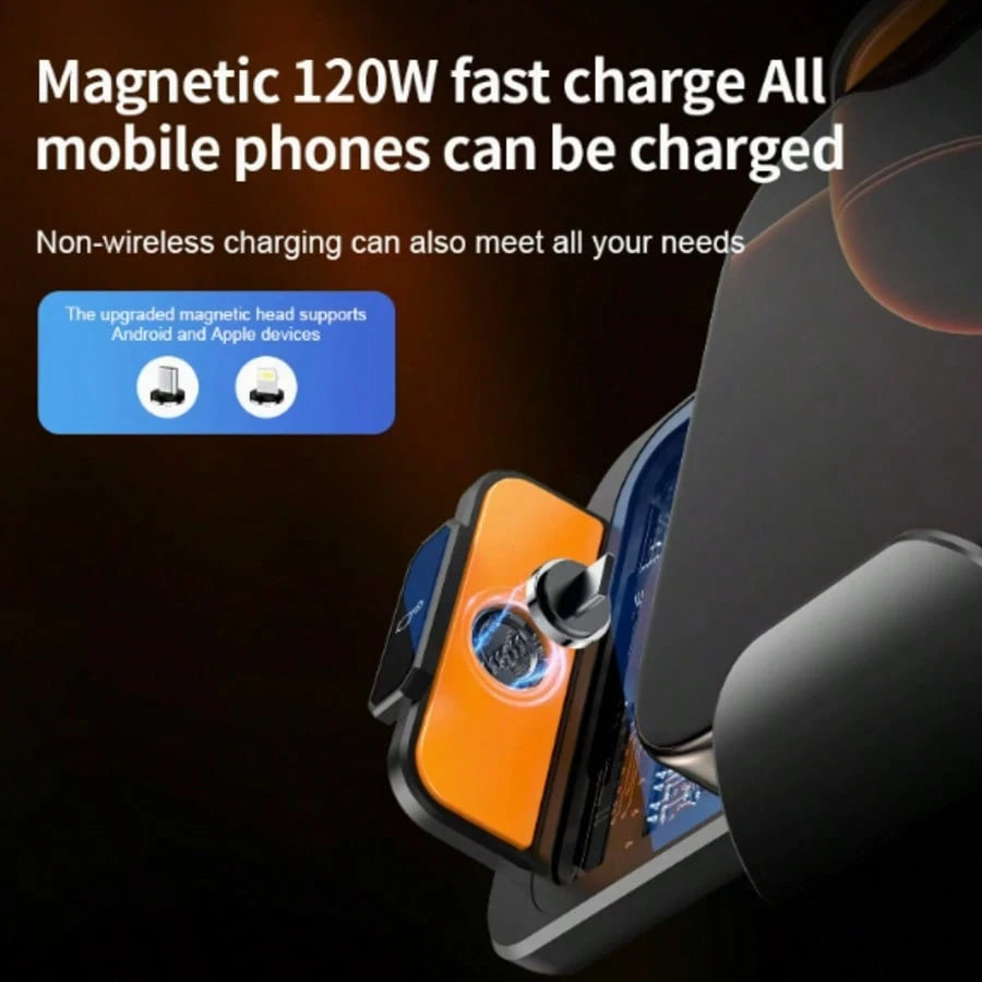 120W Fast Wireless Car Charger, Magnetic Phone Mount, Auto Sensor Clamping, 360° Rotatable Navigation Holder, Smart Car Charging Station (Black)