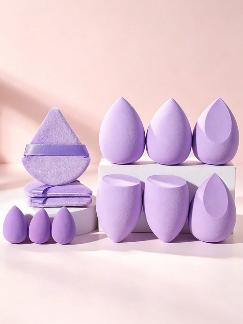 12PCS Lavender Purple Makeup Sponge & Triangle Velvet Powder Puff Set, Mini & Large Teardrop Blending Sponges, Wet Dry Dual Use For Foundation, Concealer, Loose Powder & Contour Makeup
