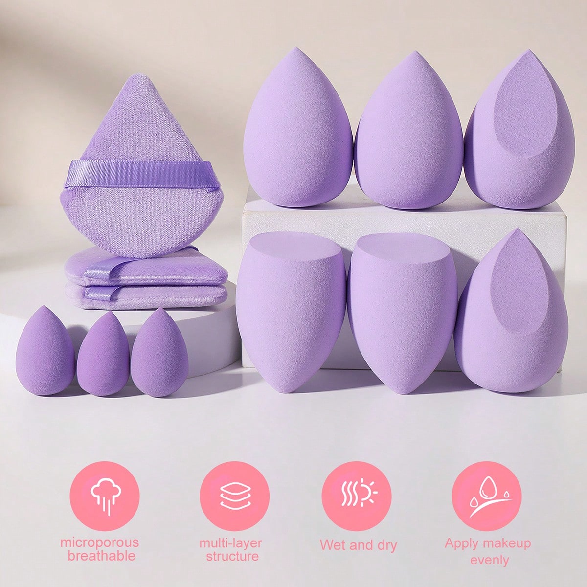 12PCS Lavender Purple Makeup Sponge & Triangle Velvet Powder Puff Set, Mini & Large Teardrop Blending Sponges, Wet Dry Dual Use For Foundation, Concealer, Loose Powder & Contour Makeup