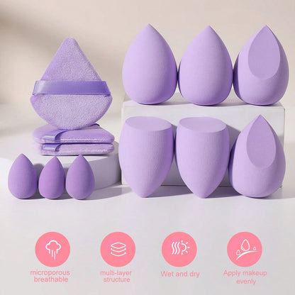 12PCS Lavender Purple Makeup Sponge & Triangle Velvet Powder Puff Set, Mini & Large Teardrop Blending Sponges, Wet Dry Dual Use For Foundation, Concealer, Loose Powder & Contour Makeup