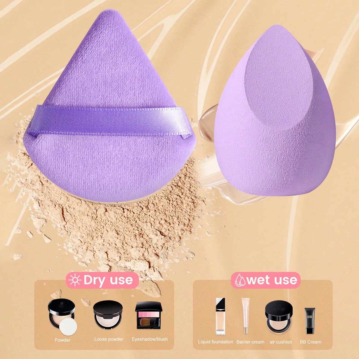 12PCS Lavender Purple Makeup Sponge & Triangle Velvet Powder Puff Set, Mini & Large Teardrop Blending Sponges, Wet Dry Dual Use For Foundation, Concealer, Loose Powder & Contour Makeup