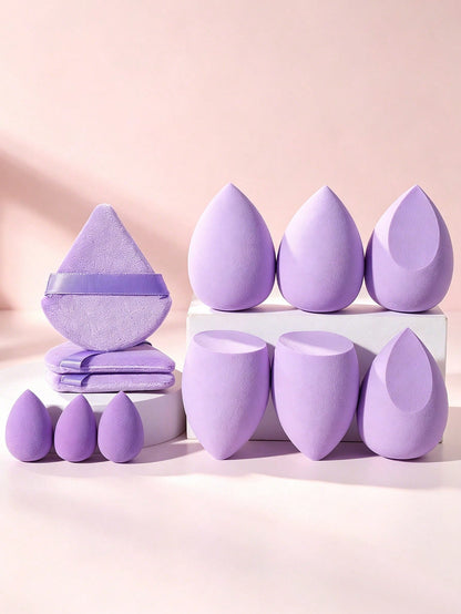 12PCS Lavender Purple Makeup Sponge & Triangle Velvet Powder Puff Set, Mini & Large Teardrop Blending Sponges, Wet Dry Dual Use For Foundation, Concealer, Loose Powder & Contour Makeup