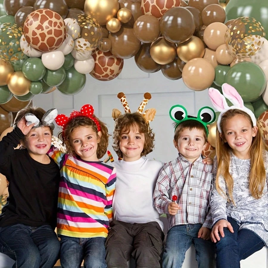 142 Brown Green Jungle Wildlife Balloon Wreath Set, Baby Bath, Boys And Girls Birthday Party Decoration Aluminum Foil Paper Sequin Balloon