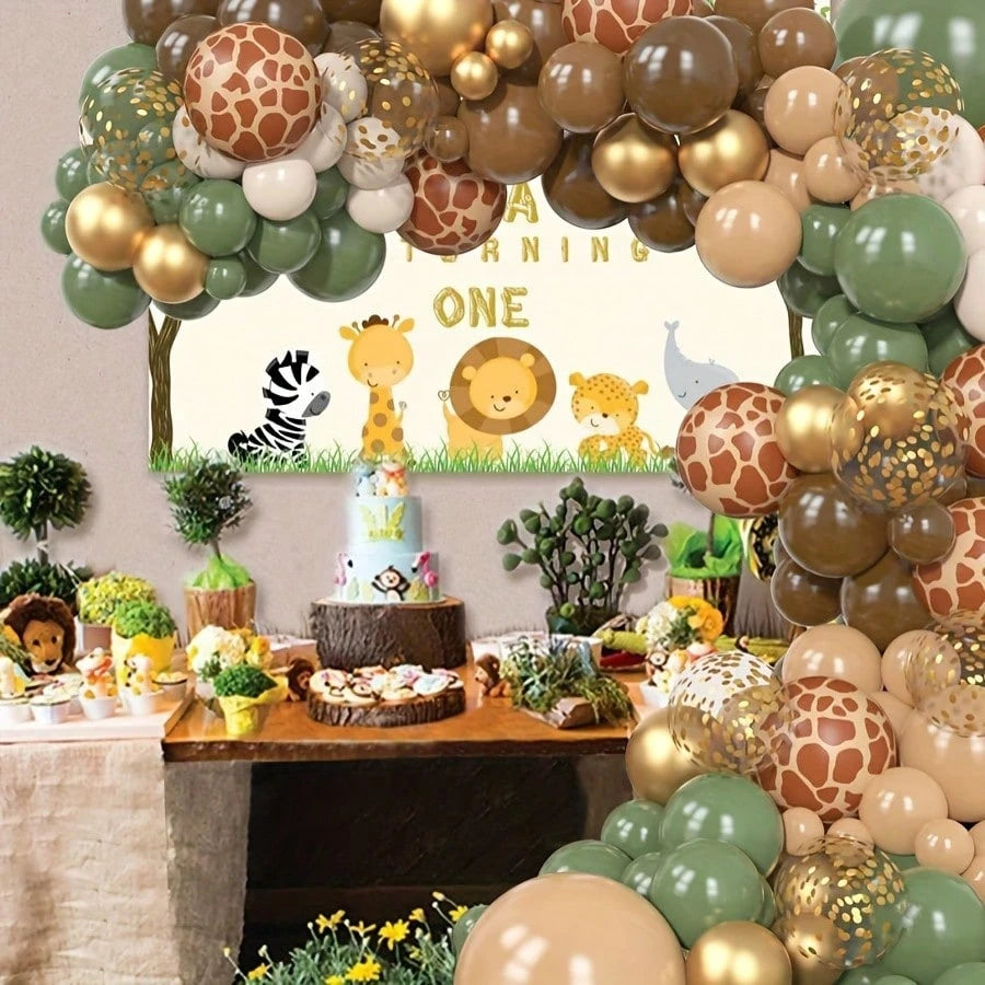 142 Brown Green Jungle Wildlife Balloon Wreath Set, Baby Bath, Boys And Girls Birthday Party Decoration Aluminum Foil Paper Sequin Balloon