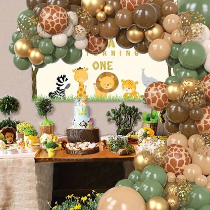 142 Brown Green Jungle Wildlife Balloon Wreath Set, Baby Bath, Boys And Girls Birthday Party Decoration Aluminum Foil Paper Sequin Balloon