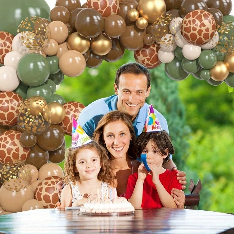 142 Brown Green Jungle Wildlife Balloon Wreath Set, Baby Bath, Boys And Girls Birthday Party Decoration Aluminum Foil Paper Sequin Balloon