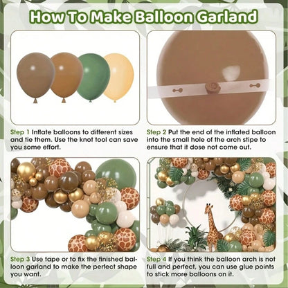 142 Brown Green Jungle Wildlife Balloon Wreath Set, Baby Bath, Boys And Girls Birthday Party Decoration Aluminum Foil Paper Sequin Balloon