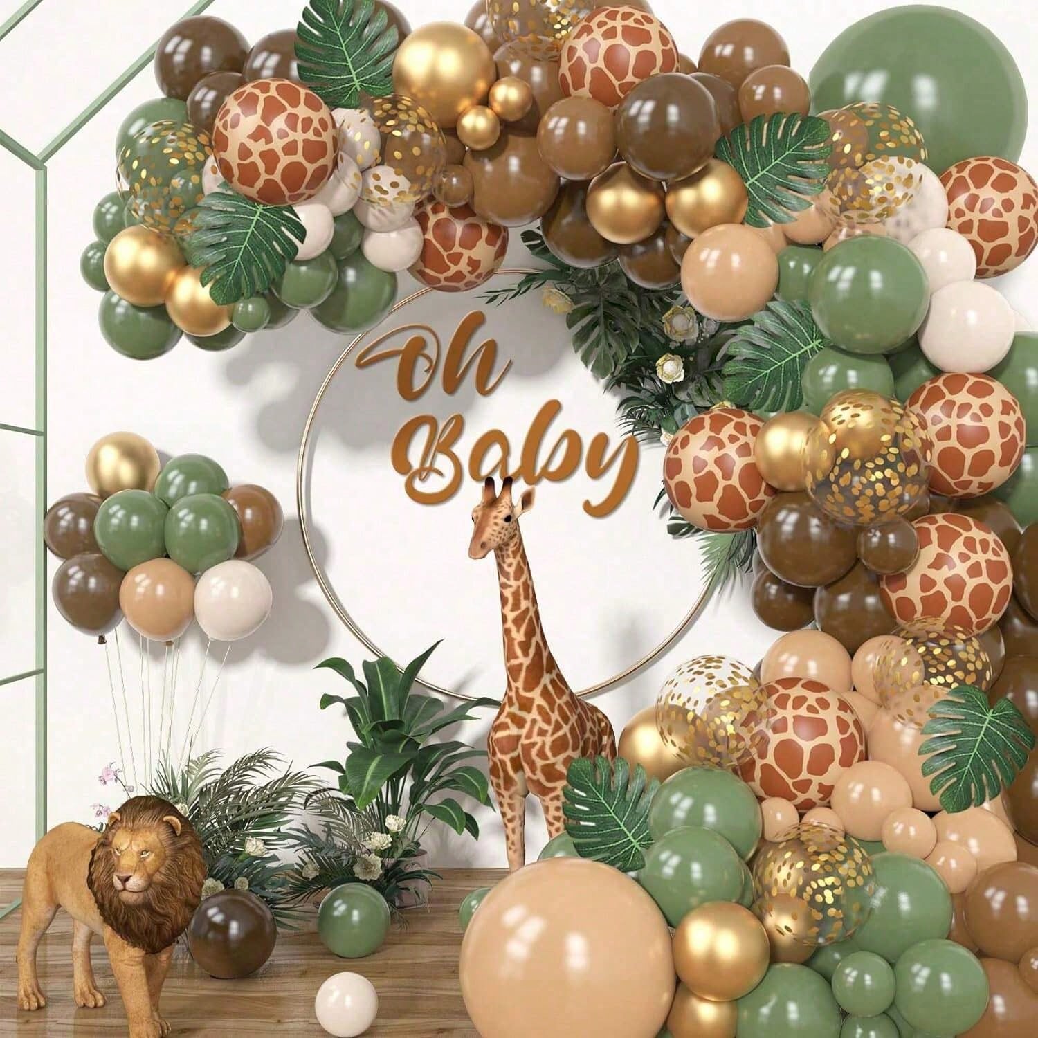 142 Brown Green Jungle Wildlife Balloon Wreath Set, Baby Bath, Boys And Girls Birthday Party Decoration Aluminum Foil Paper Sequin Balloon