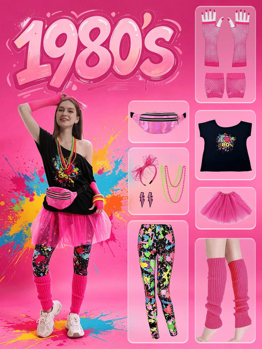 15pcs 1980s Retro Costume Party Accessories Set- Complete Themed Party Outfit Spring Vacation Fall