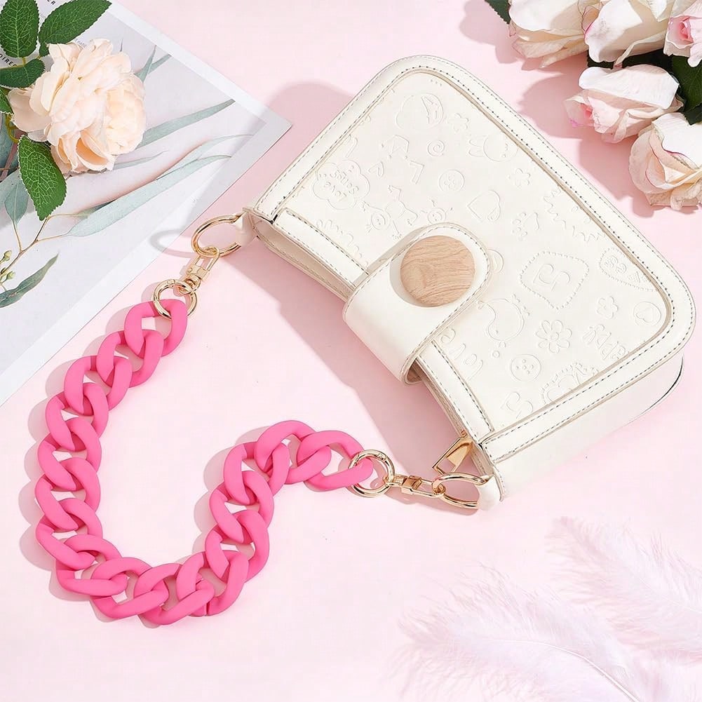 18 Inch Pink Acrylic Bag Strap, 1.3 Inch Wide Purse Charm Decorative Bag Chain Flat Strap Purse Replacement Chain With Golden Buckles For Handbag Wallet Crossbody Shouder Bags