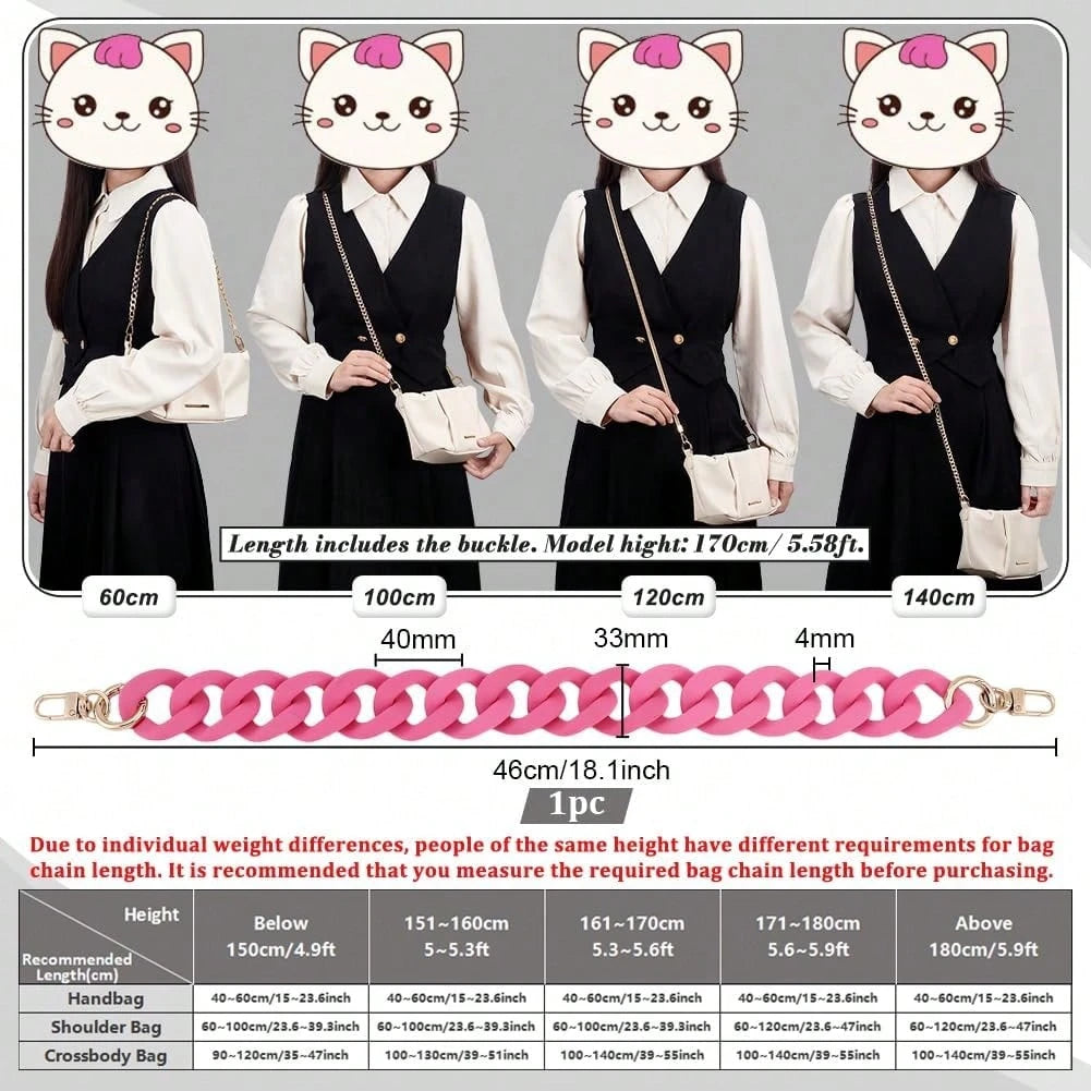 18 Inch Pink Acrylic Bag Strap, 1.3 Inch Wide Purse Charm Decorative Bag Chain Flat Strap Purse Replacement Chain With Golden Buckles For Handbag Wallet Crossbody Shouder Bags