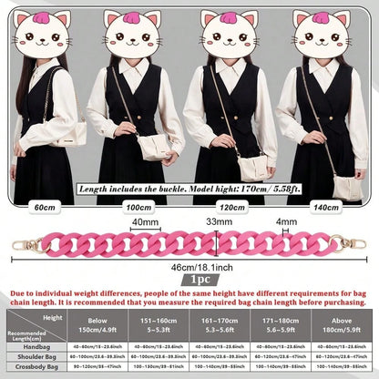 18 Inch Pink Acrylic Bag Strap, 1.3 Inch Wide Purse Charm Decorative Bag Chain Flat Strap Purse Replacement Chain With Golden Buckles For Handbag Wallet Crossbody Shouder Bags