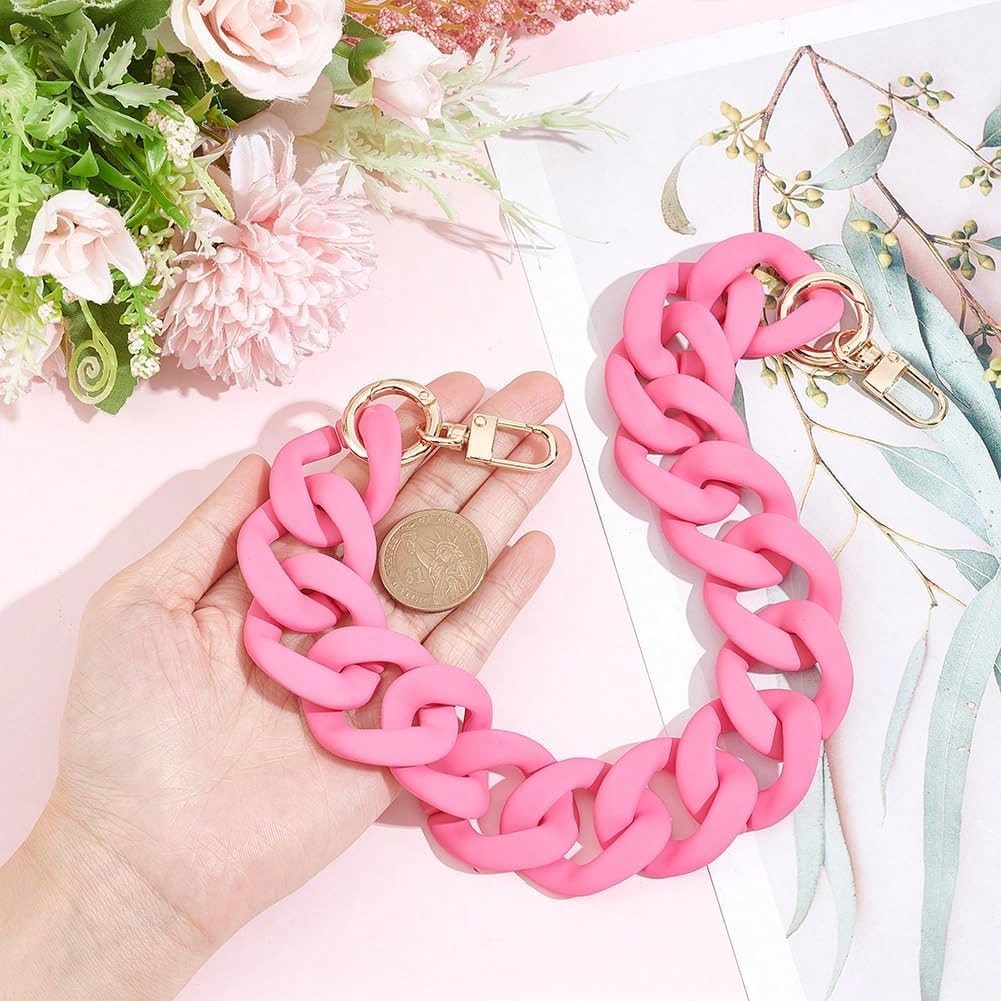 18 Inch Pink Acrylic Bag Strap, 1.3 Inch Wide Purse Charm Decorative Bag Chain Flat Strap Purse Replacement Chain With Golden Buckles For Handbag Wallet Crossbody Shouder Bags