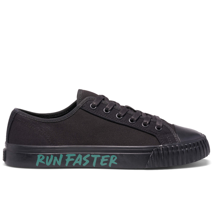 Black low-top sneaker on a white background, with “Run Faster” printed on the midsole.