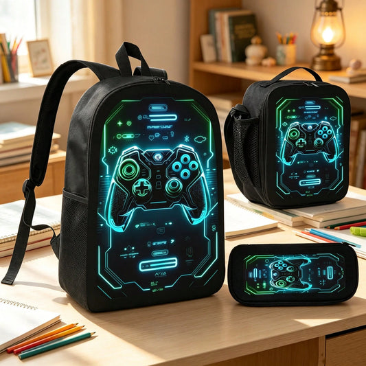 1k+Sold(Game Controller) Men's Fashion Backpack + Insulated Lunch Bag + Pencil Case 3 Pieces Set, Minimalist Men's Lightweight Backpack, Outdoor Travel Bag, Multi-Compartment Versatile Casual Bag, Sto